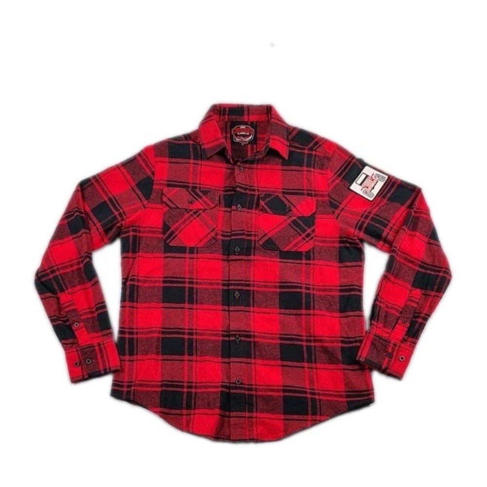 Angry Minnow Flannel Co Shirt Mens M Red Black  Plaid Jeep Patch Long Sleeve